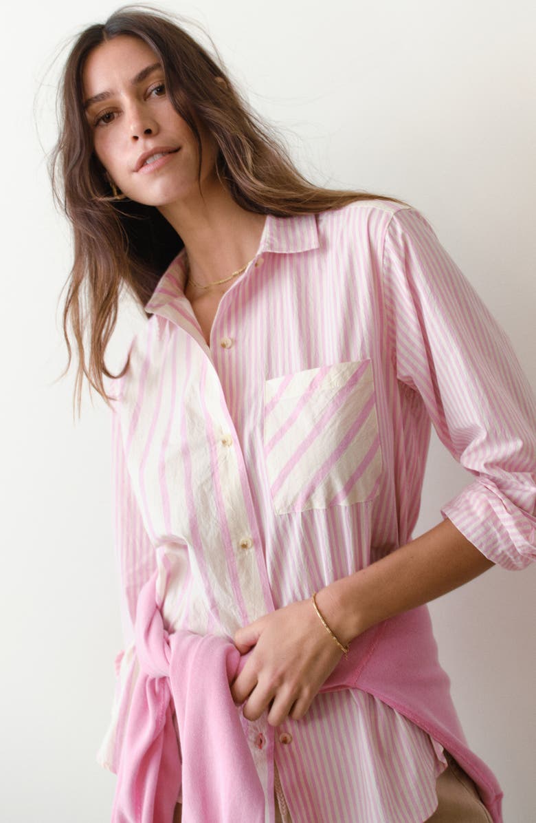Marine Layer Jane California Relaxed Stripe Cotton Poplin Button-Up Shirt, Alternate, color, Pink Stripe