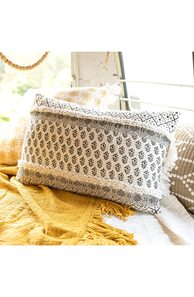 Foreside Home and Garden Boho Print Lumbar Pillow, 14" x 22" Black & White Cotton With Polyester Fill, Alternate, color, White