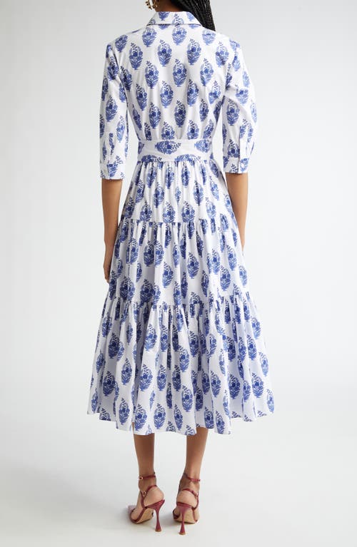 Shop Carolina Herrera Floral Print Tiered Stretch Cotton Shirtdress In White Multi