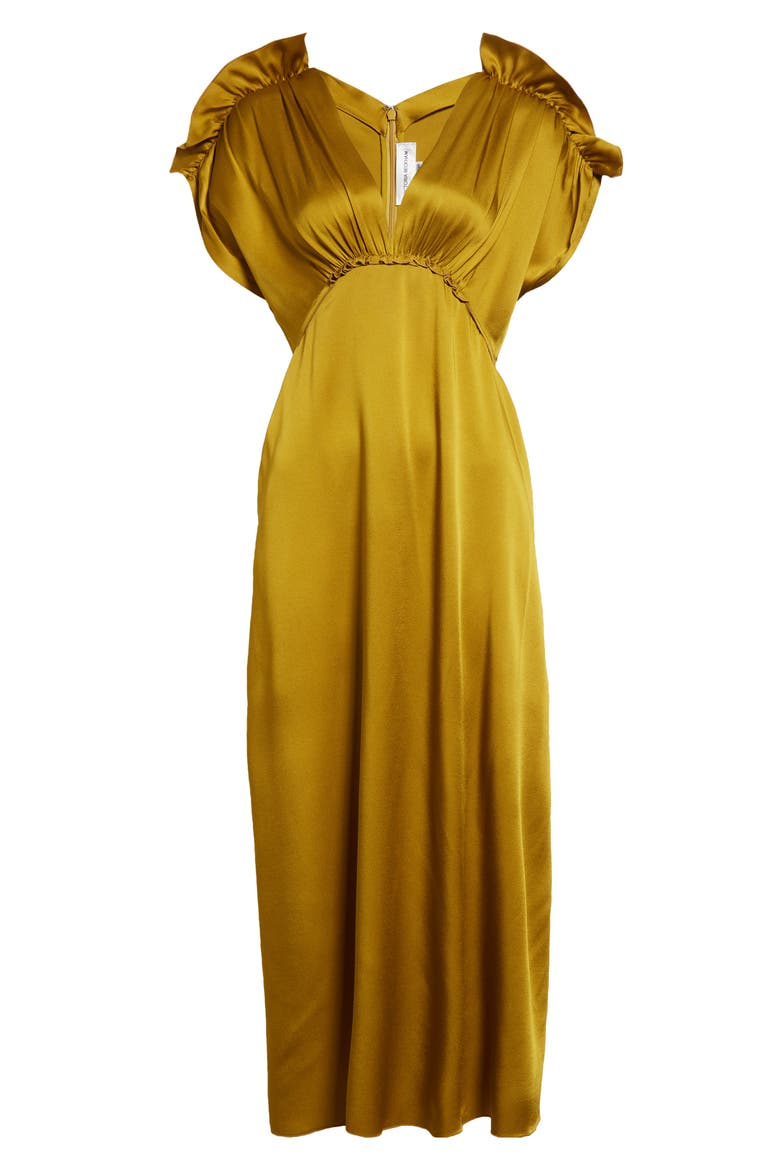 Ruffle Shoulder Satin Dress, Alternate, color, HARVEST GOLD
