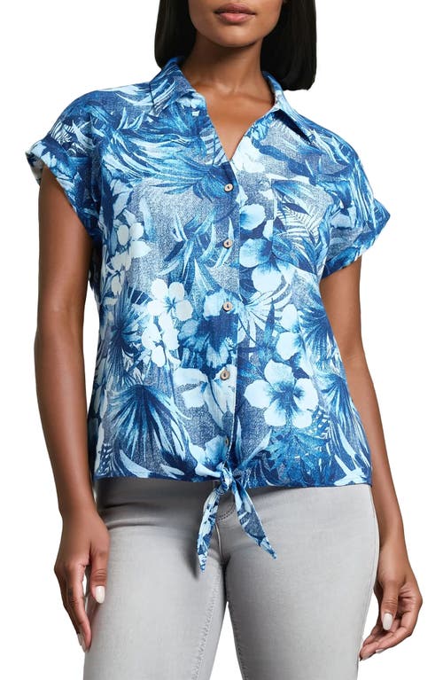 Jones New York Button Detail Linen-blend Blouse In Mystic Blue Multi