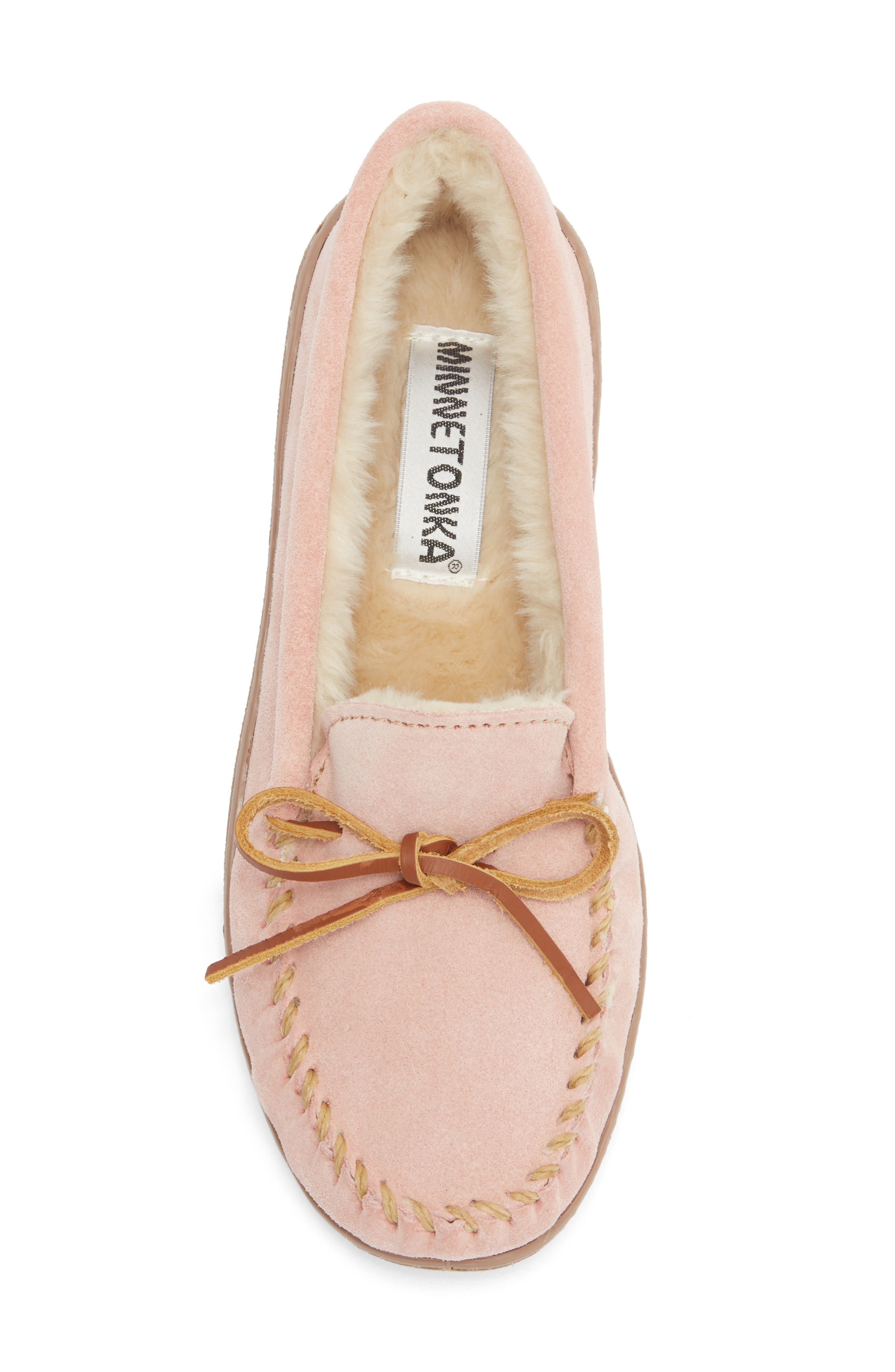 Minnetonka Suede Faux Fur Slipper, Alternate, color, Pink