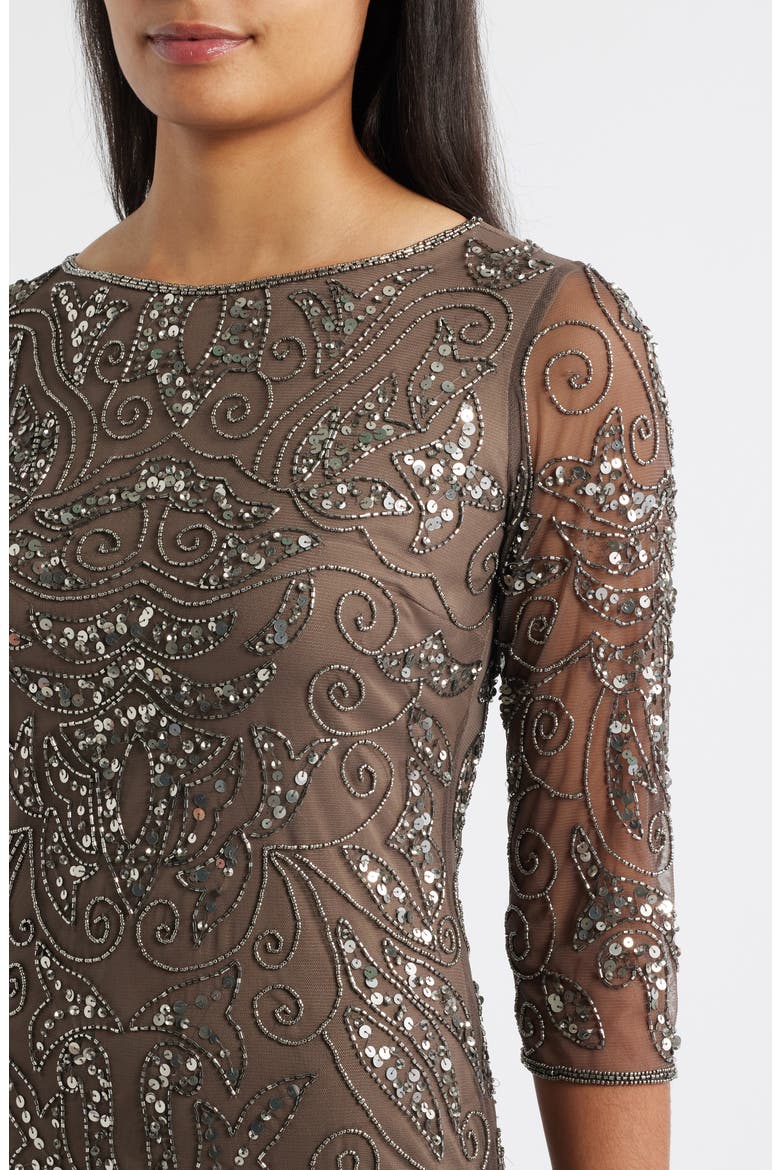 Illusion Sleeve Beaded A-Line Gown, Alternate, color, MOCHA