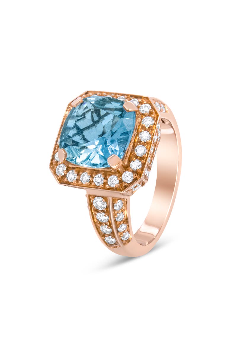 18K Gold Aquamarine & 1 1/8 Cttw Diamond Halo Ring, Alternate, color, Yellow