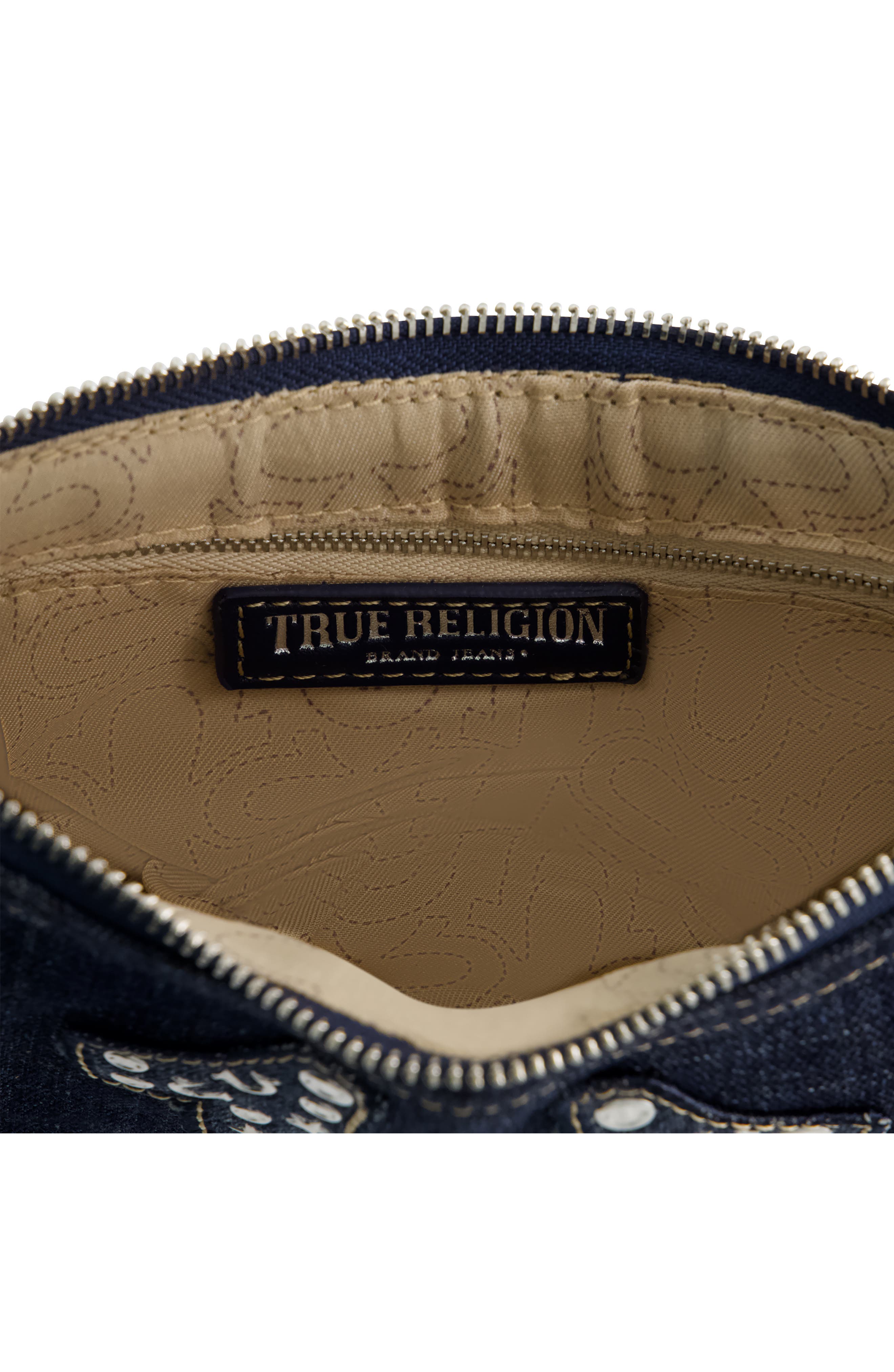 Studded Horseshoe Denim shoulder bag, Alternate, color, DENIM