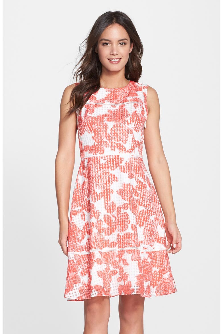 Floral Print Organza Fit & Flare Dress, Main, color, CORAL/ WHITE
