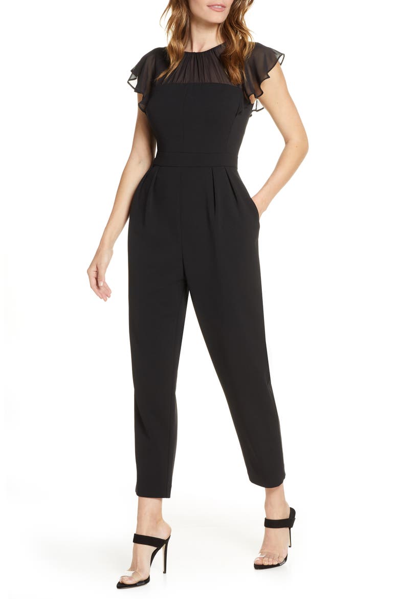 Gathered Illusion Neck Jumpsuit, Main, color, BLACK