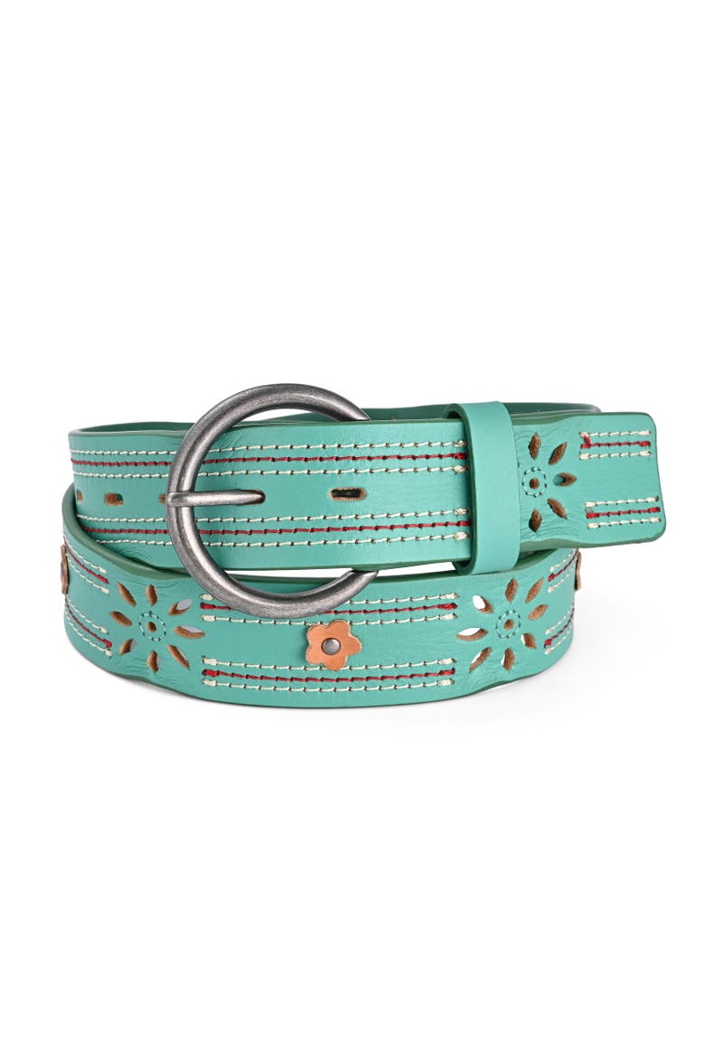 Blossom Genuine Leather Stitched Perforated Detail Belt, Main, color, Aqua