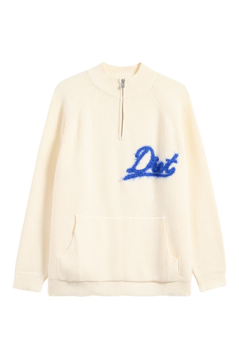 Fuzzy Logo Waffle Knit Quarter Zip Pullover, Alternate, color, CREAM/ BLUE