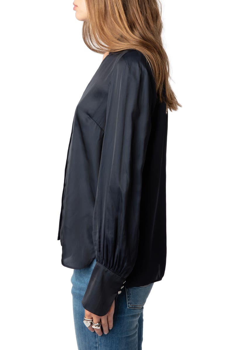 Zadig & Voltaire Tinous V-Neck Satin Shirt, Alternate, color, Encre