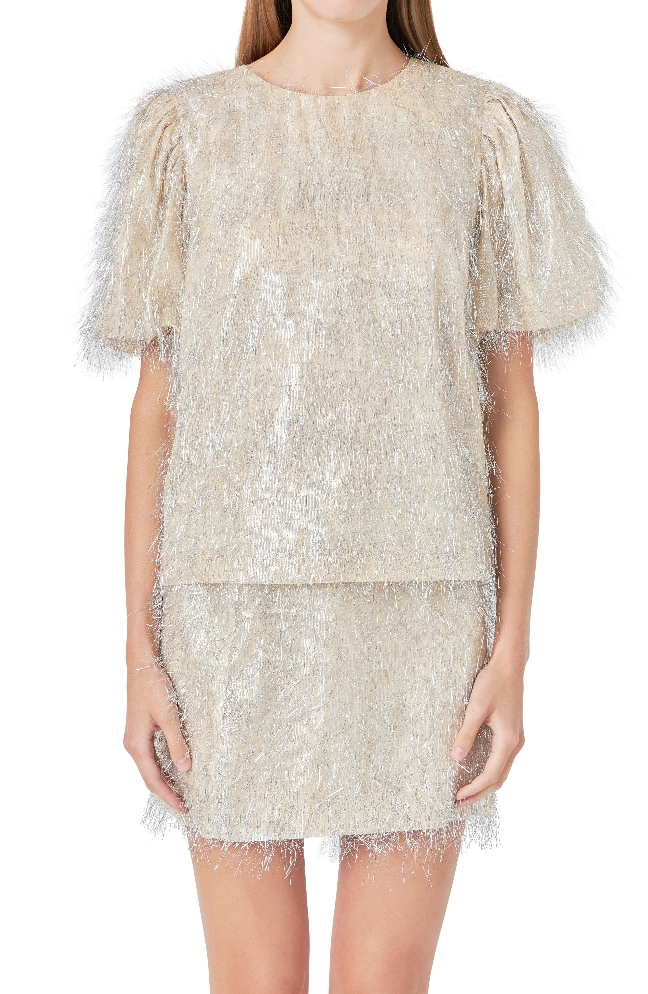 Metallic Fringe Puff Sleeve Top