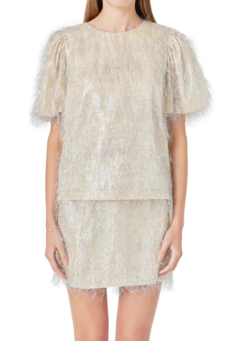 Metallic Fringe Puff Sleeve Top, Main, color, CHAMPAGNE