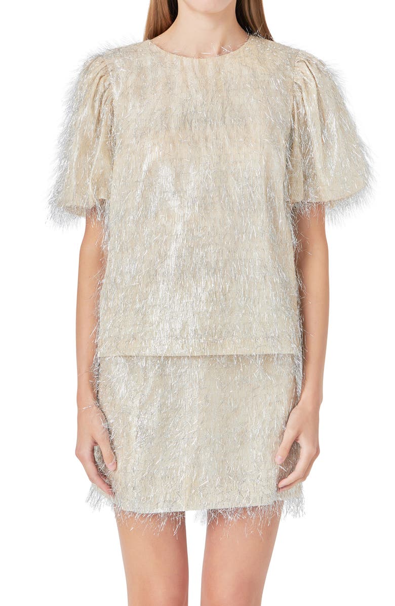Endless Rose Metallic Fringe Puff Sleeve Top, Main, color, Champagne