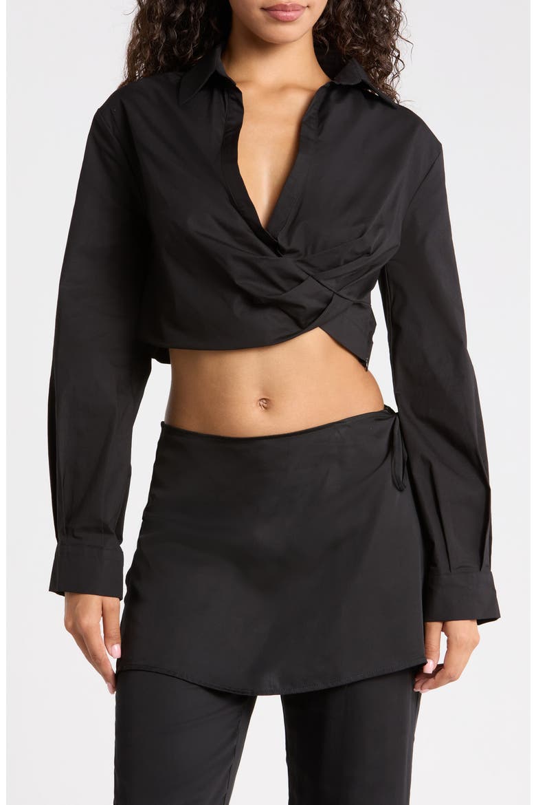 Ivara Drape Waist Long Sleeve Stretch Cotton Top, Main, color, BLACK