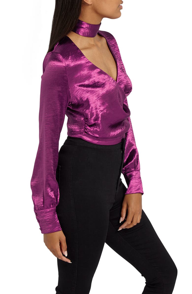 Missguided Choker Collar Faux Wrap Blouse, Alternate, color,