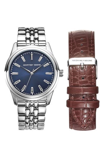 Geoffrey Beene Ez Change Bracelet Strap & Leather Strap Watch, 41mm In Silver