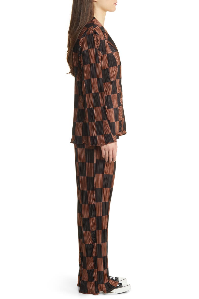 Check Long Sleeve Plissé Top & High Waist Pants, Alternate, color, MOCHA AND BLACK CHECK