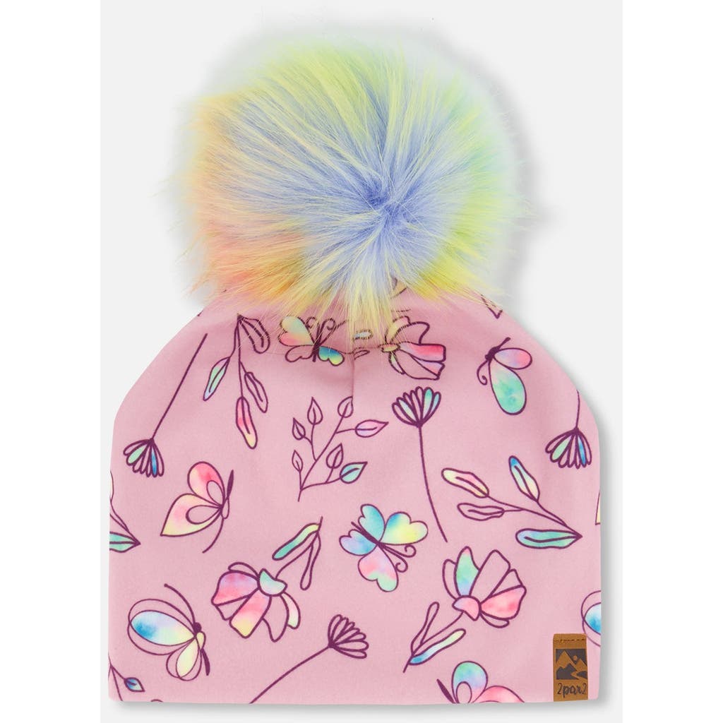 Deux Par Deux Girl's Printed Jersey Detachable Pompom Hat Lilac And Multicolored Butterfly In Lilac And Multicolor Butterfly