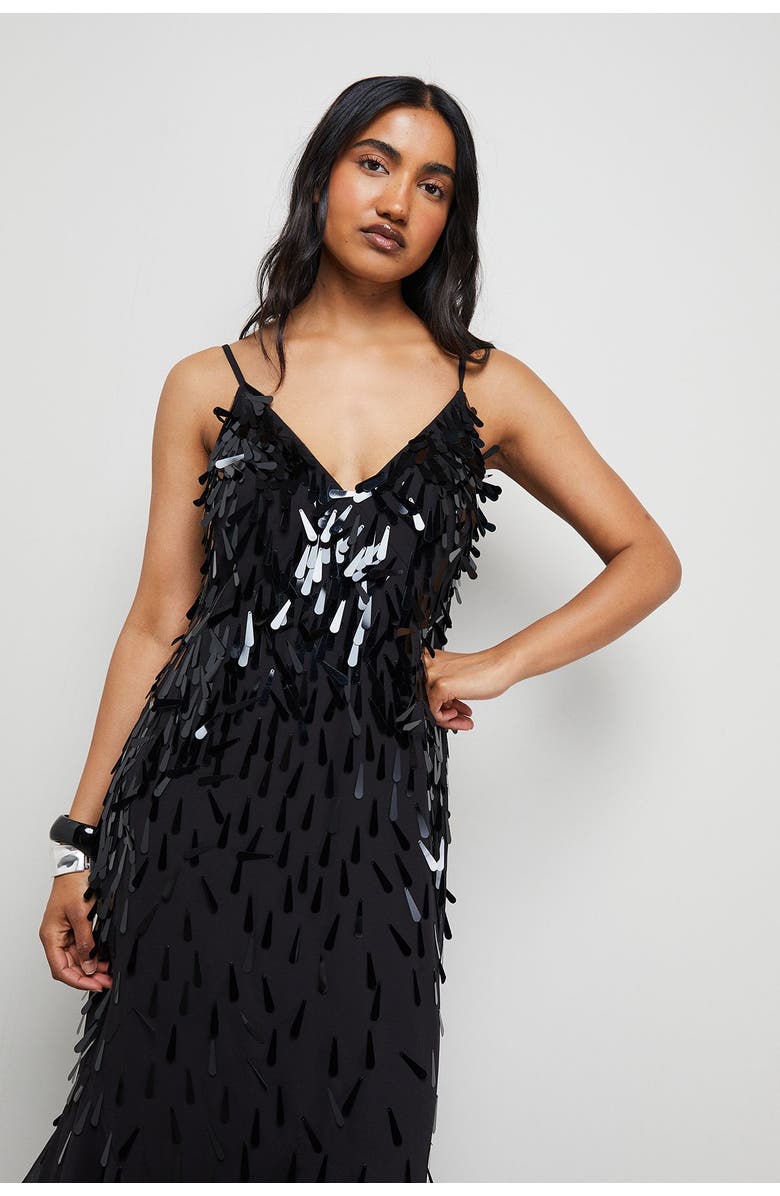 Warehouse Premium Teardrop Embellished Midi Dress, Alternate, color, Black