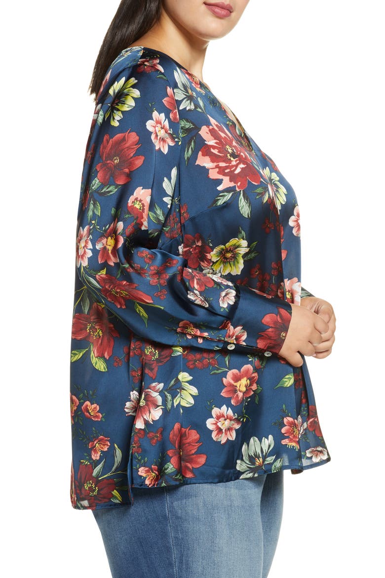 Daniel Rainn Floral Satin Blouse, Alternate, color, G774 TEAL
