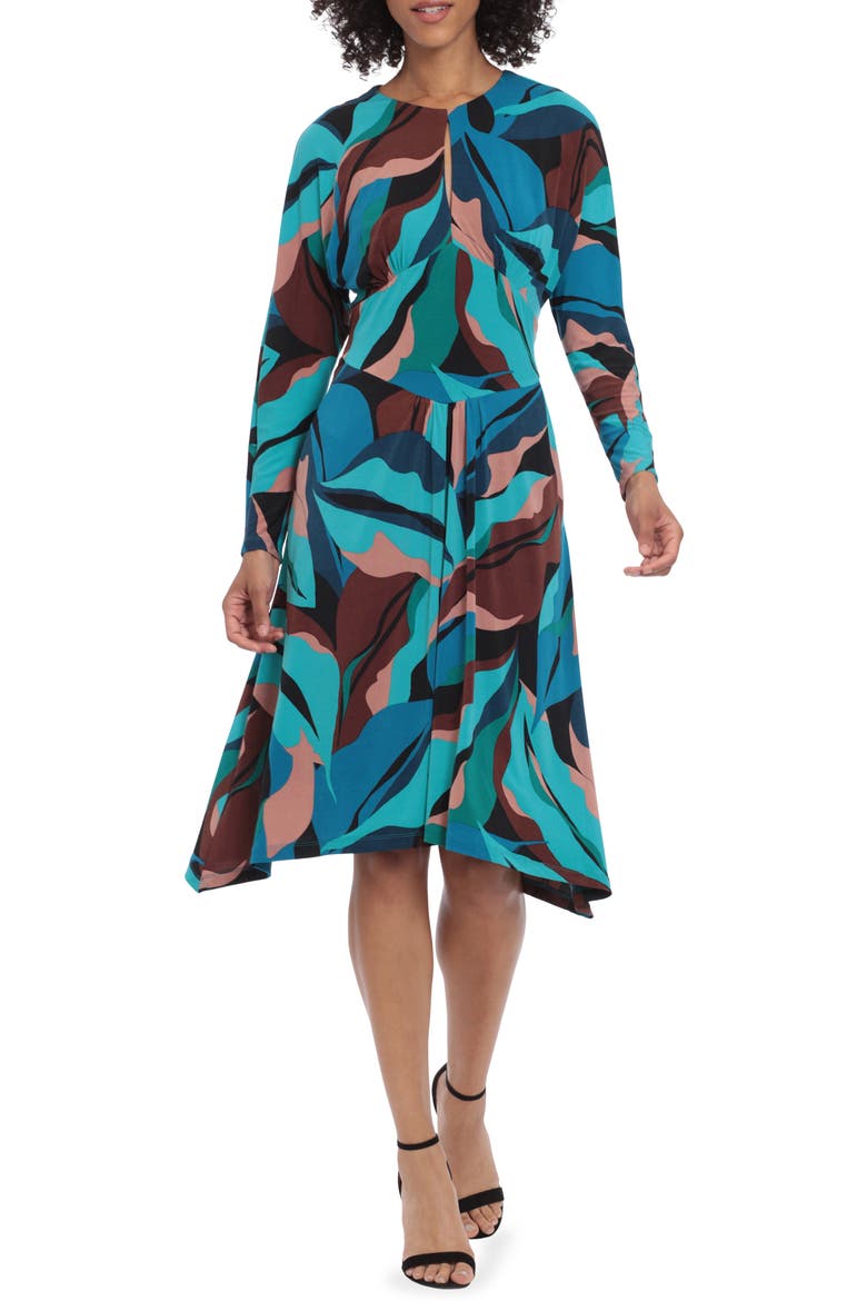 Print Long Sleeve Matte Jersey Dress, Main, color, BLACK/ TEAL