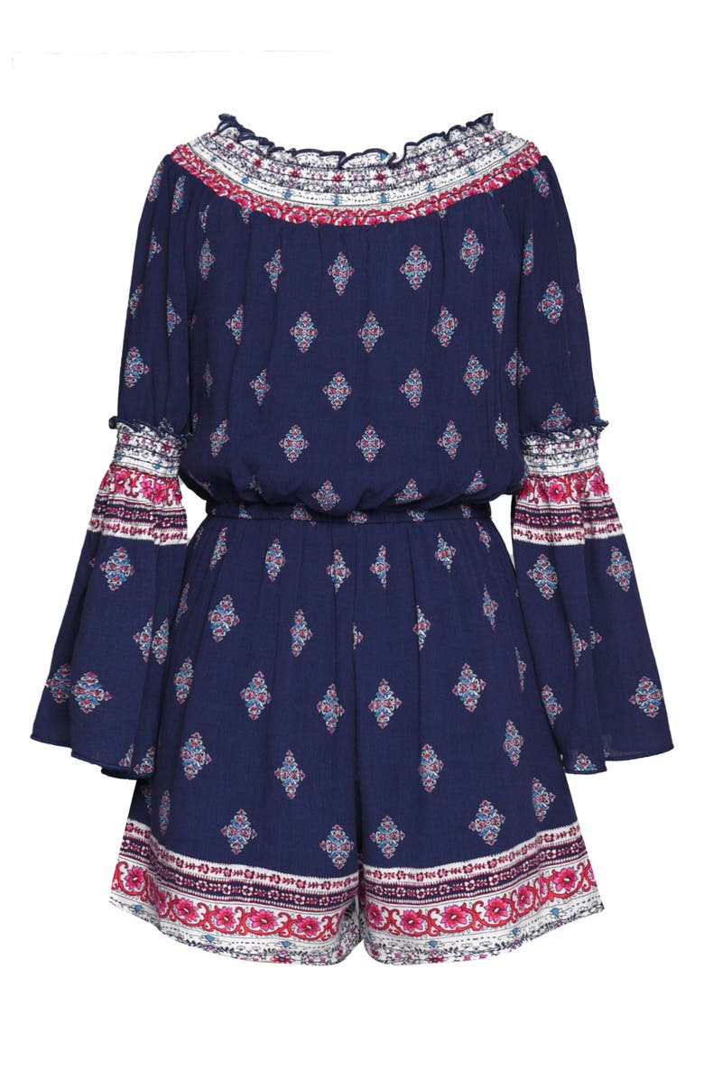 Truly Me Print Long Sleeve Romper, Alternate, color, Navy Multi