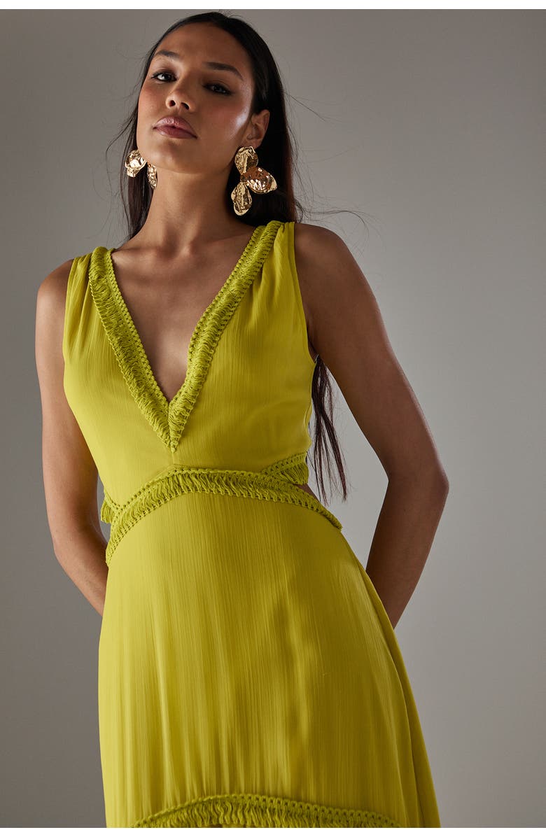 Warehouse Chiffon Fringe Trim Cut Out Maxi Dress, Alternate, color, Chartreuse