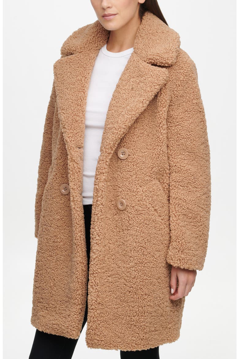 Notch Collar Curly Faux Shearling Coat, Alternate, color, CAMEL