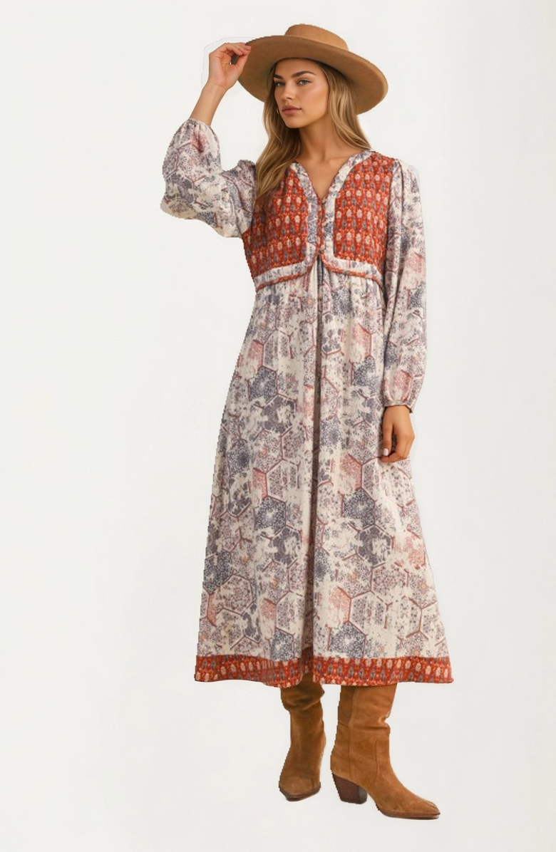 Knit and Lounge Patchwork Print Relaxed Fit Long Sleeve Maxi Dress, Alternate, color, Patchwork Print