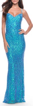 La Femme Gorgeous Print Sequin Dress with Lace Up Back