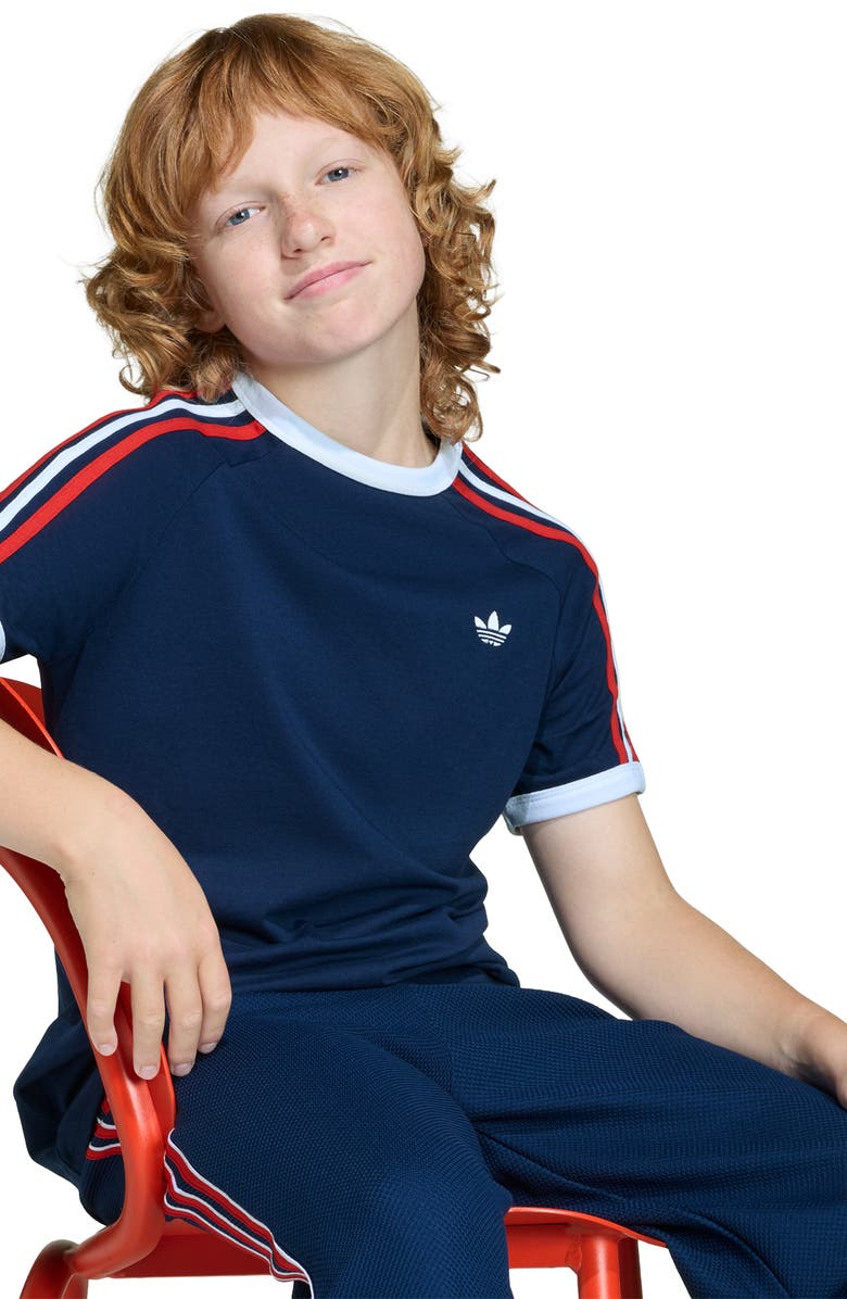adidas Originals Kids' 3-Stripes Cotton T-Shirt, Alternate, color, Night Indigo/Night Indigo/Better Scarlet