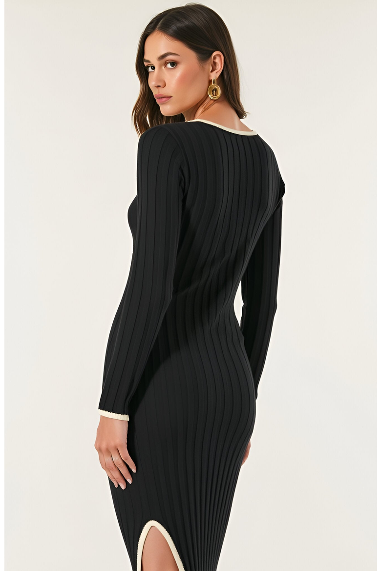 Ribbed Knit Long Sleeve Midi Dress with Contrast Trim and Side Slit, Alternate, color, Black / White