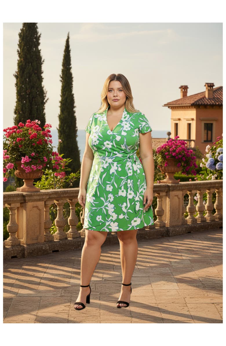 24seven Comfort Apparel Plus Size Floral Collar Knee Length Side Tie Wrap Dress, Alternate, color, Green Multi