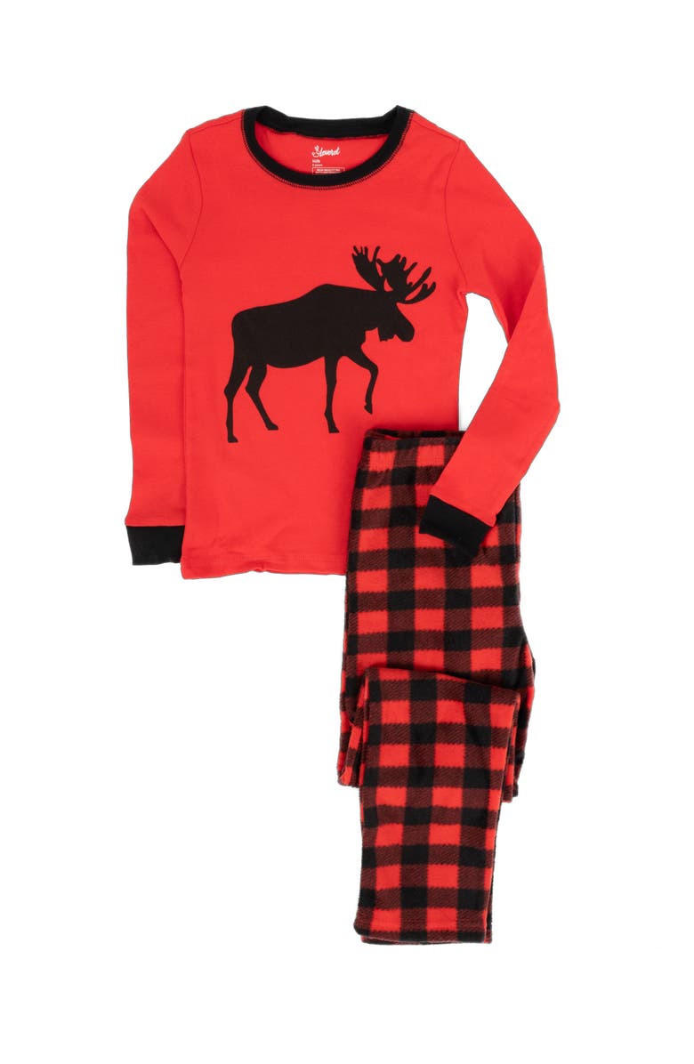 Leveret Kids Cotton Top & Fleece Pants Printed Matching Family Holiday Pajamas, Main, color, Moose