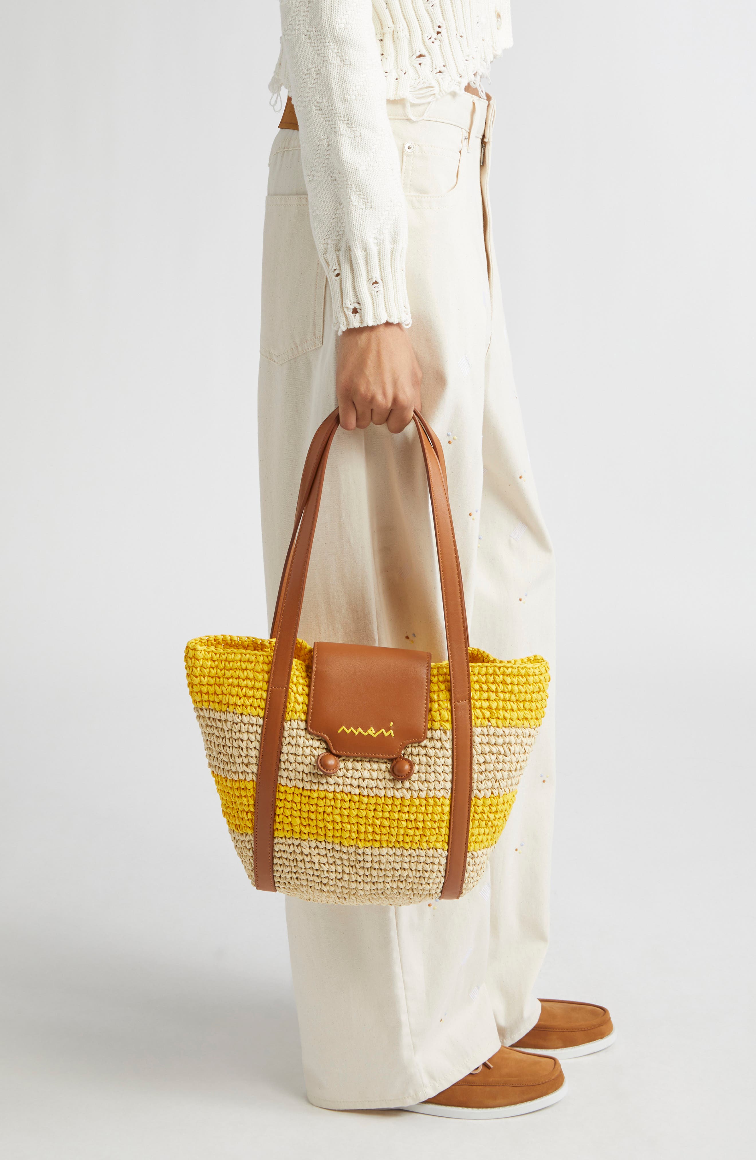 Marni Small Trunkaroo Stripe Woven Tote, Alternate, color, Yellow