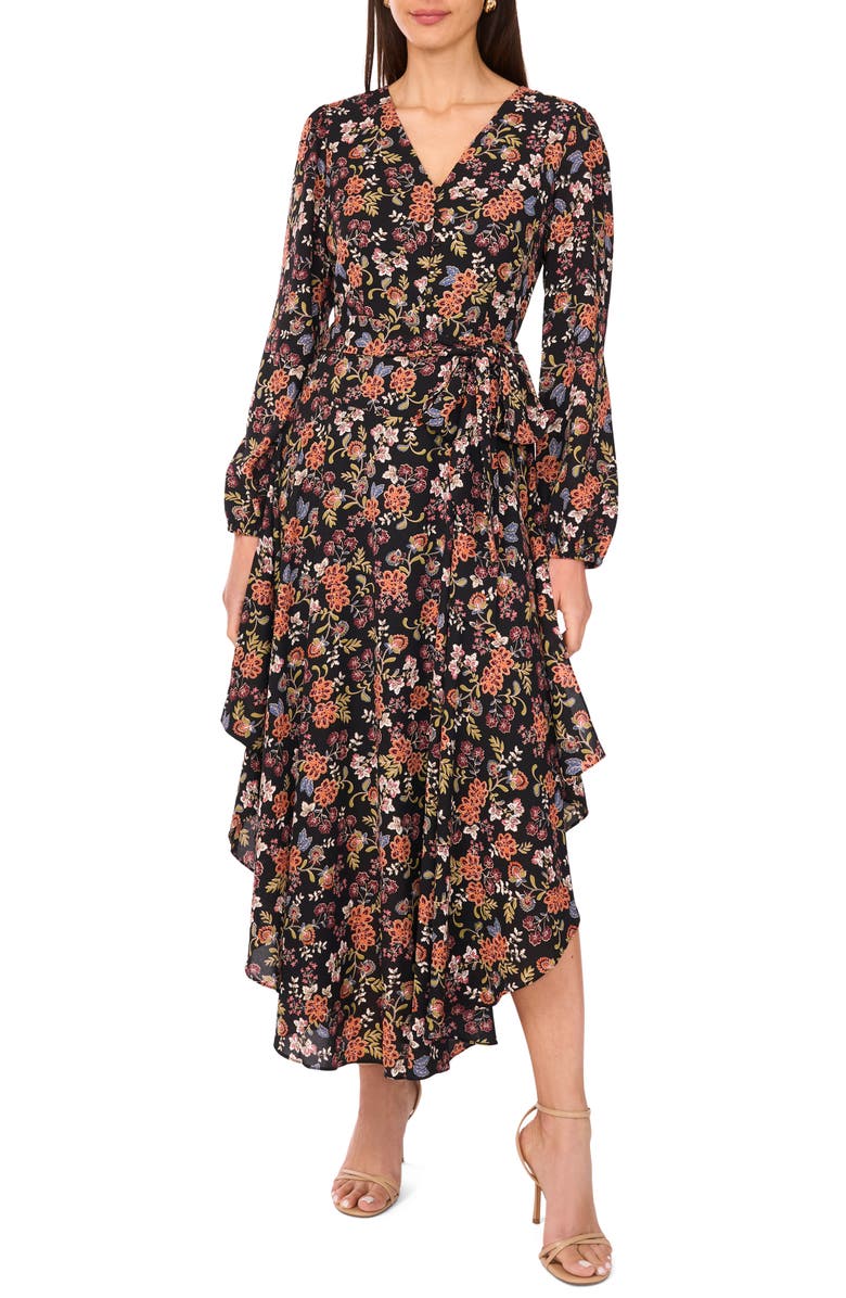 Vince Camuto Floral Long Sleeve Asymmetric Hem Dress, Main, color, 
