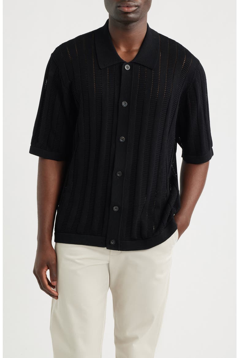 Pointelle Stripe Short Sleeve Organic Cotton Sweater, Main, color, BLACK