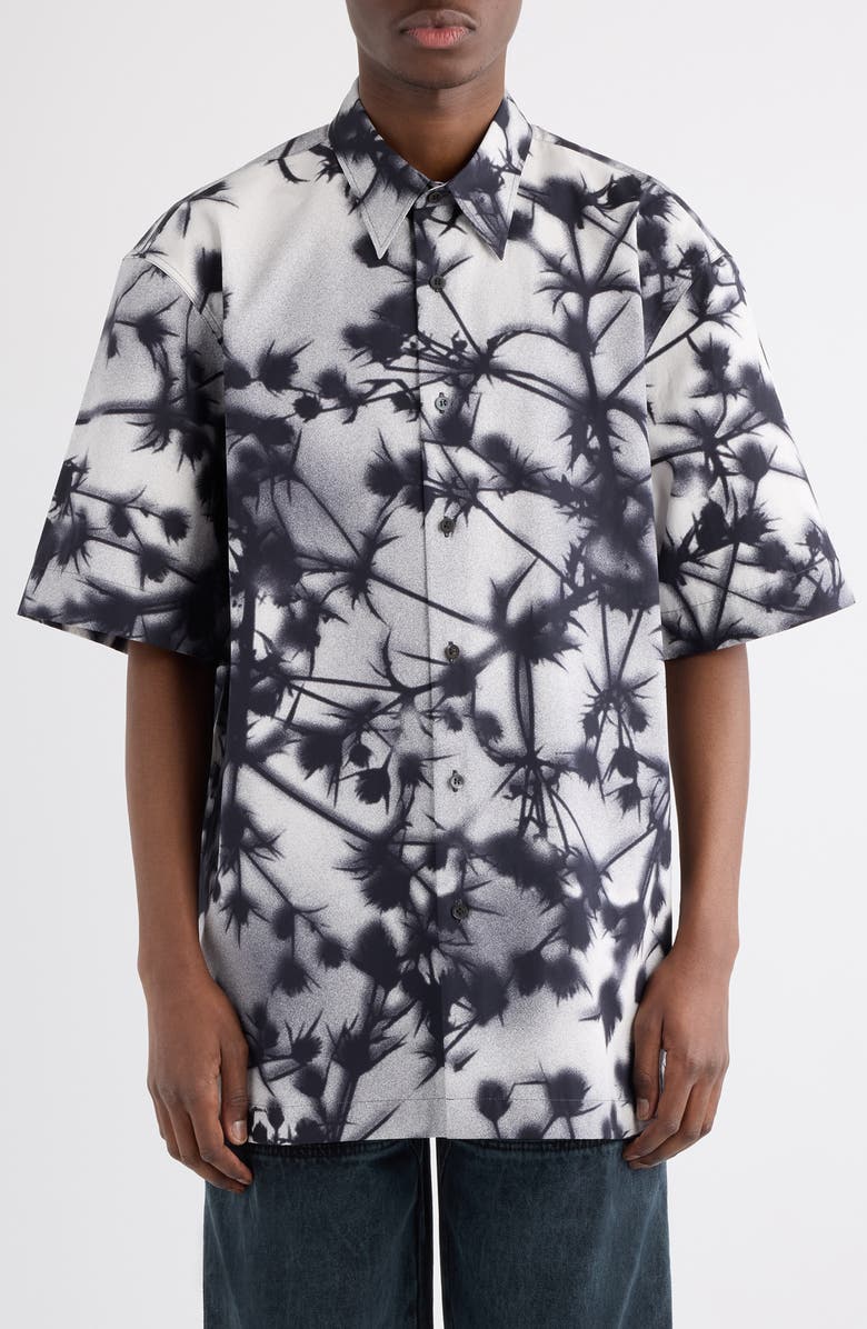 Dries Van Noten Cassidye Floral Cotton Poplin Button-Up Shirt, Main, color, Black