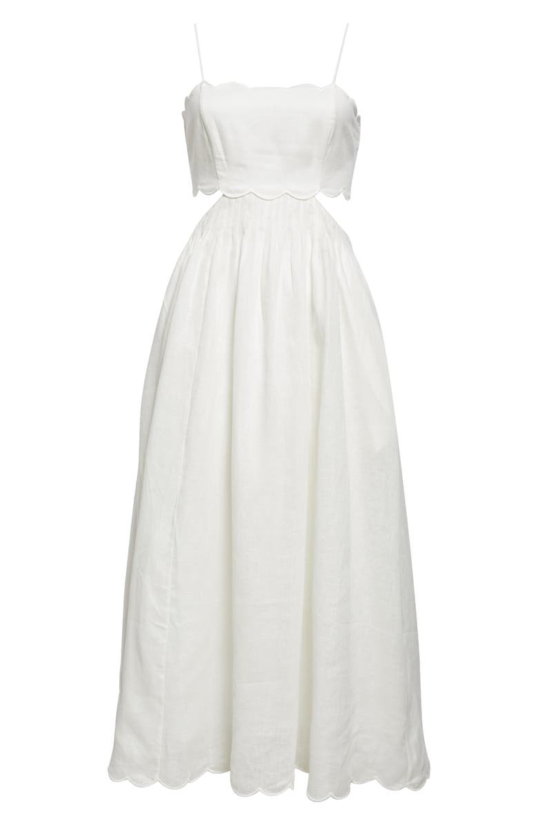 Zimmermann Rhiannon Corset Bodice Scallop Linen Midi Sundress, Alternate, color, Ivory