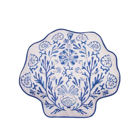 Chinoiserie Shell Graphic Print Embellished Woven Shaped Throw Pillow, 17" x 19"