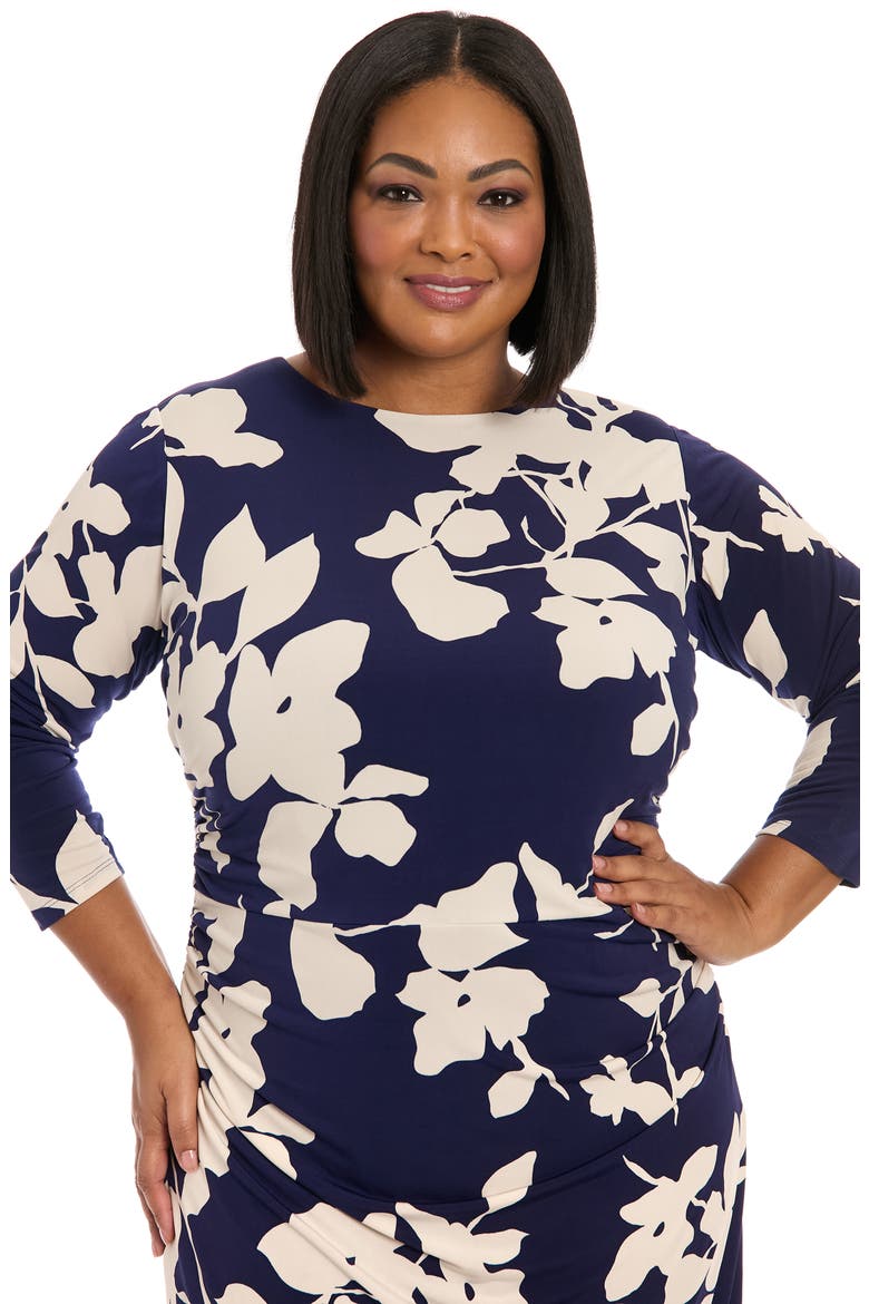Ruched Long Sleeve Midi Dress, Alternate, color, NAVY/ CREAM