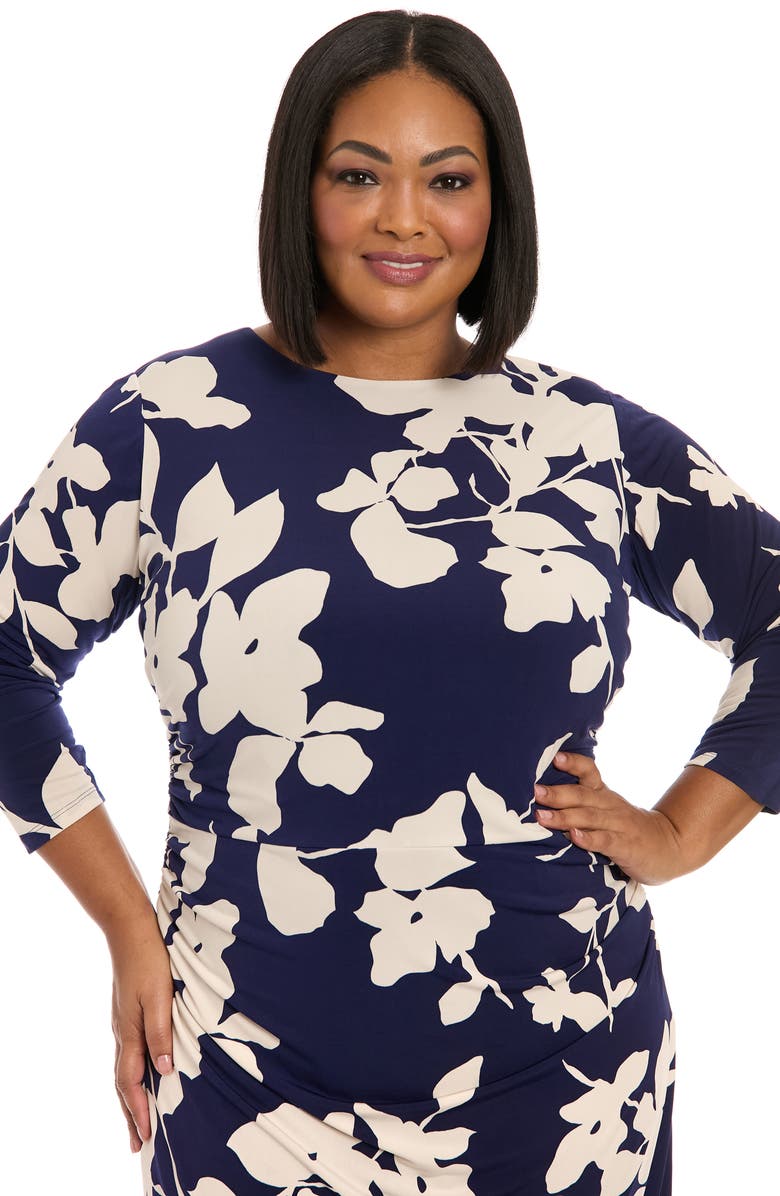 London Times Ruched Long Sleeve Midi Dress, Alternate, color, Navy/ Cream