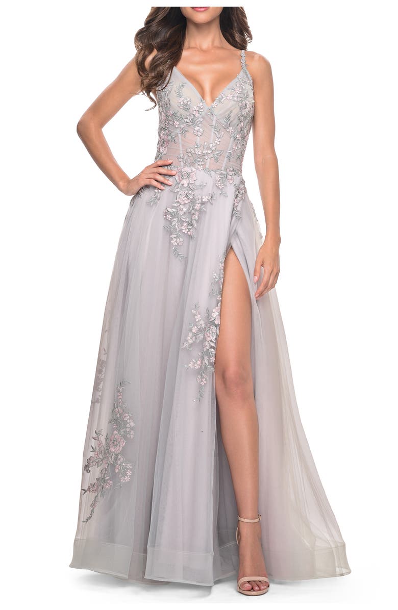 La Femme A-Line Tulle Prom Dress with Scattered Lace Applique, Alternate, color, Silver