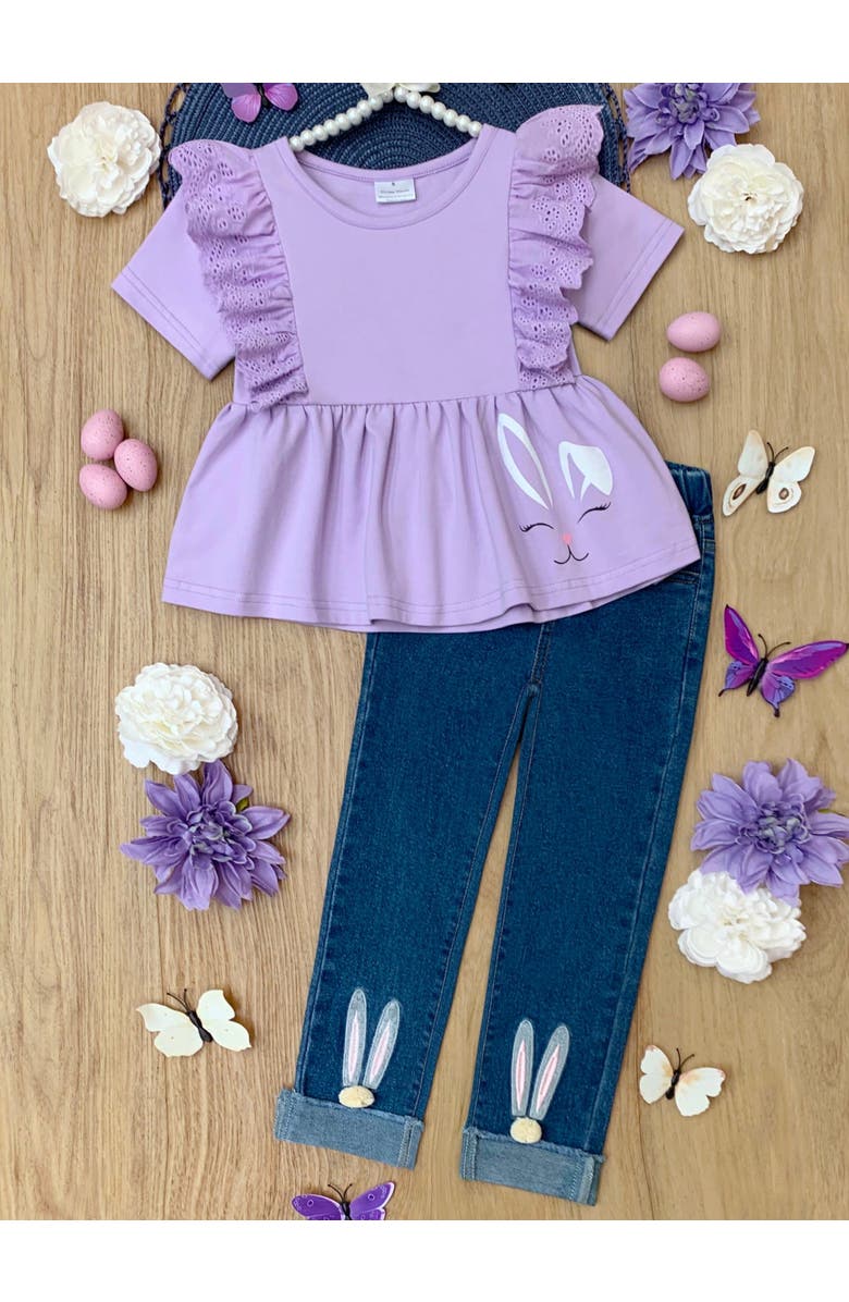 Mia Belle Girls Girls Lilac Love Bunny Top and Embroidered Denim Set, Alternate, color, Purple