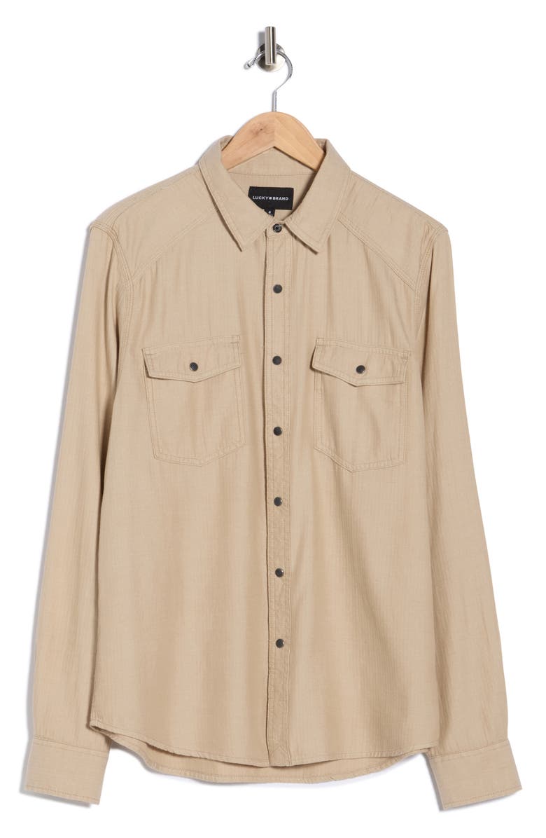 Lucky Brand Herringbone Crossdye Western Long Sleeve Button-Up Shirt, Alternate, color, Silver Mink