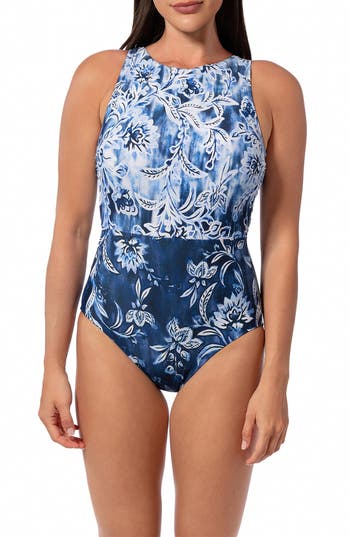 Jantzen Farrah High Neck One-piece Swimsuit In Blue
