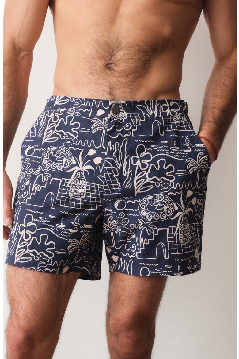 Island Motif Tailored Swim Trunks, Alternate, color, NAVY/WHITE ISLAND MOTIF