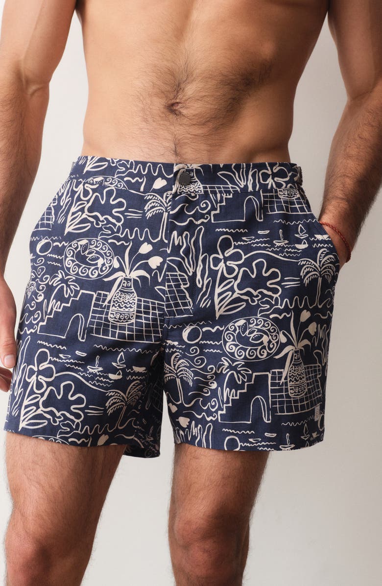 Marine Layer Island Motif Tailored Swim Trunks, Alternate, color, Navy/White Island Motif