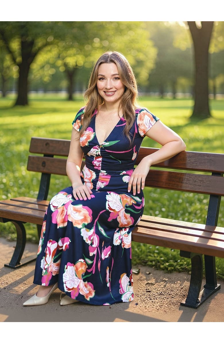 24seven Comfort Apparel Womens Floral V-Neck Cap Sleeve Ruched Front Maxi Length Dress, Alternate, color, Navy Multi