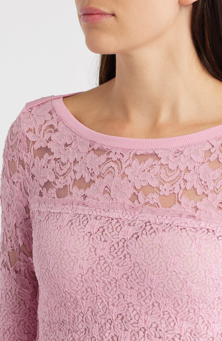 Free People Bell Sleeve Sheer Cotton Blend Lace Top, Alternate, color, Orchid Smoke